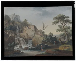 Paysage avec cascade et cottages