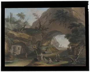 Paysage montagneux avec des moines