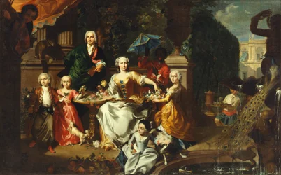 Un Groupe Familial sur une Terrasse dans les Jardins d