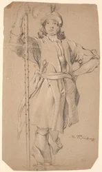 Guerrier debout avec casque et lance dans la main droite