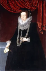 Portrait de Margaret Belasyse, en robe noire, avec un collier de perles, et un livre dans sa main droite