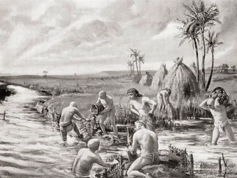 Les premiers colons en Babylonie assèchent les marais en construisant un barrage, tiré de Hutchinson