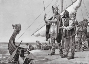 Départ de Rurik pour le pays des Slaves, 862 ap. J.-C. (lithographie)