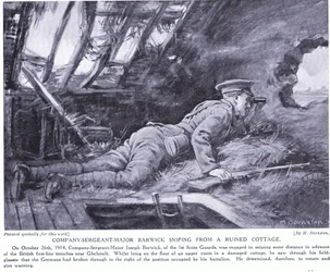 Sergent-major de compagnie Barwick tirant des coups de feu depuis un chalet en ruine à Ghehuvelt, octobre 1914 (litho)