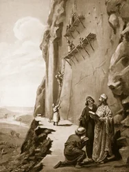Darius supervisant son inscription à Behistun, illustration tirée de "Hutchinson