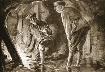 Le caporal-chef Evason et un officier écoutant les Allemands dans une contre-mine (litho)