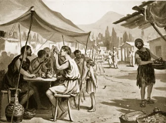 Spartiates mangeant à des tables publiques, illustration tirée de "Hutchinson