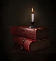 Livres et clés à la lueur des bougies