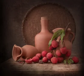 Nature morte rustique au litchi