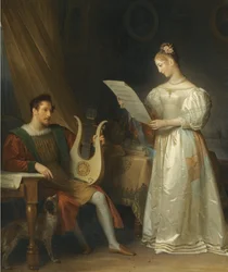 Intérieur avec un homme tenant une lyre et une femme avec une partition musicale