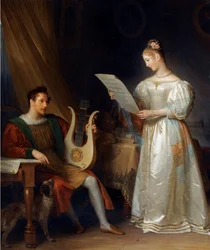 Un homme tenant une lyre et une femme tenant une partition dans un intérieur