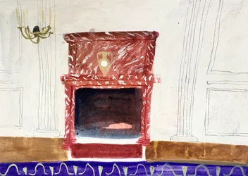 Intérieur avec cheminée rouge, 2018 (aquarelle et tempera sur papier)