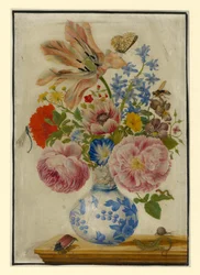 Vase chinois avec roses, pavots et œillets