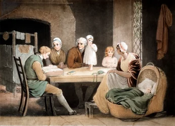Trois générations écoutant une lecture de la Bible familiale