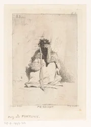 Mendiant assis avec un bâton