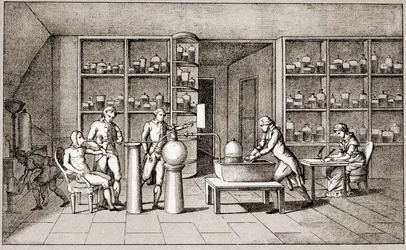 Antoine Laurent de Lavoisier (1743-1794), chimiste français menant une expérience sur la respiration de l