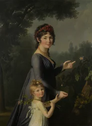 Portrait de Marie Geneviève Lemoine avec sa fille Anne Aglaé Deluchi dans un parc