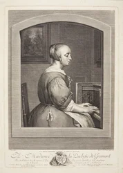 Une femme néerlandaise jouant du clavecin, vue à travers une fenêtre