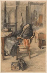 Intérieur avec une vieille femme assise