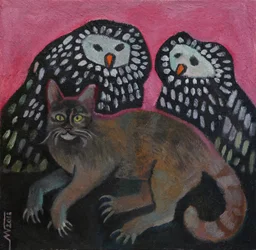 Un chat espiègle avec des chouettes