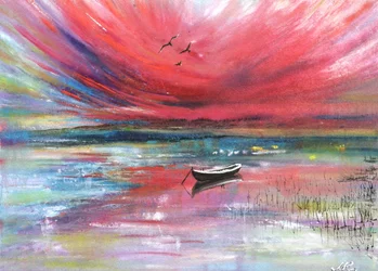 Un bateau au coucher de soleil flamboyant