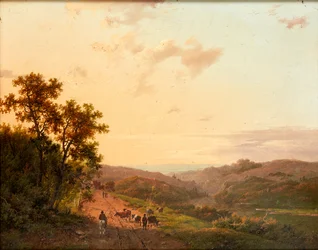 Bergers et leur bétail sur un chemin de campagne, avec paysage lointain