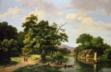 Paysage fluvial boisé avec des paysans déchargeant un ferry