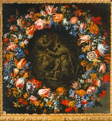 Couronne de fleurs avec, au centre, une scène biblique