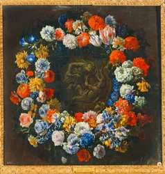 Couronne de fleurs avec, au centre, une scène biblique