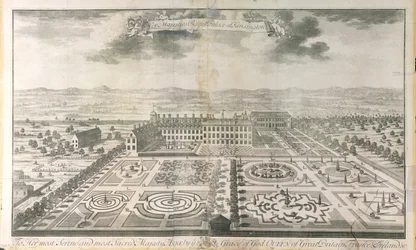 Vue aérienne des jardins du palais de Kensington, gravée par Johannes Kip (c.1652-1722) pub. par J. Smith, 1724