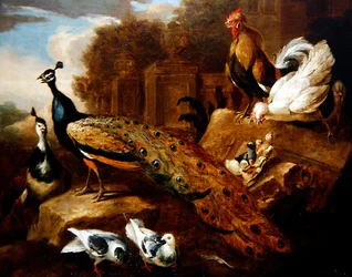 Paons, colombes et autres oiseaux, et un édifice classique