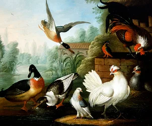 Paysage avec poules, canards et martin-pêcheur