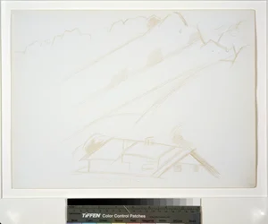 Paysage de montagne, bâtiment au premier plan
