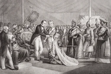 Grand Durbar à Cawnpore après la répression de la révolte des Cipayes, 1858, de 