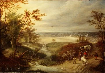 Paysage boisé étendu avec un chariot à un gué