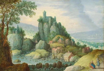 Paysage panoramique avec une rivière, un château sur un affleurement rocheux et un moulin à eau en contrebas