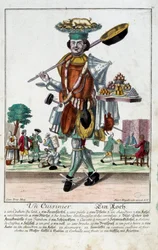 Un cuisinier. Gravure de Martin Engelbrecht (1684-1756), dans « Nouvelle assemblée des manouvries habillées » XVIIIe siècle, Allemagne. Paris, Arts décoratifs