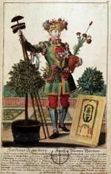 Un jardinier. Gravure de Martin Engelbrecht dans "Nouvelle assemblée des manouvriers habillés" 18ème siècle, Allemagne. Paris, Arts décoratifs