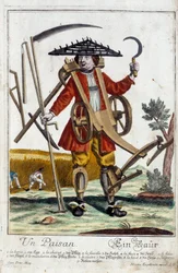 Un paysan. Gravure par Martin Engelbrecht (1684-1756), dans "Nouvelle assemblée des manouvries habillés" 18e siècle, Allemagne. Paris, Arts décoratifs