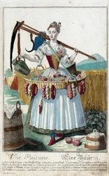 Une paysanne. Gravure de Martin Engelbrecht dans "Nouvelle assemblée des manouvries habillées" 18ème siècle, Allemagne. Paris, Arts décoratifs