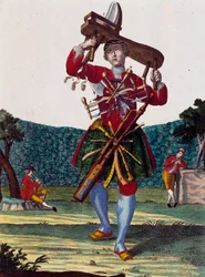 Fabricant de flûtes, gravure de Assemblage des nouveaux manouvriers habillés par Martin Engelbrecht, Allemagne