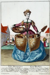 Métier : Un boulanger. Gravure de Martin Engelbrecht (1684-1756), dans "Nouvelle assemblée des manœuvres habillés" XVIIIe siècle, Allemagne. Paris, Arts décoratifs