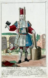 Métier : Un relieur. Gravure de Martin Engelbrecht (1684-1756), dans "Nouvelle assemblée des manœuvres habillés" XVIIIe siècle, Allemagne. Paris, Arts décoratifs