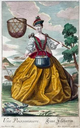 Métier : Un poisson. Gravure de Martin Engelbrecht (1684-1756), dans "Nouvelle assemblée des manœuvres habillés" XVIIIe siècle, Allemagne. Paris, Arts décoratifs