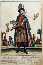 Le cafetier : un homme portant une cafetière et un service. Gravure par Martin Engelbrecht (1684-1756) 18e siècle Paris, Arts décoratifs