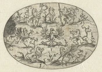 Ovale avec aigle entouré de lions et de créatures fantastiques