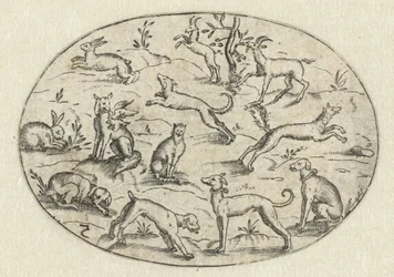 Ovale avec chiens, chèvres et lapins