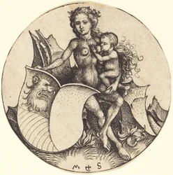 Bouclier avec tête de lion, tenu par une femme sauvage
