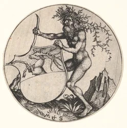 Bouclier avec cerf tenu par un homme sauvage, vers 1435-1491