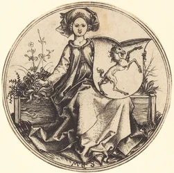 Bouclier avec licorne, tenu par une femme
